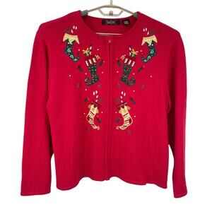 Crystal Kobe Vintage Christmas Stocking Cardigan Zip Sweater Bling Size Large